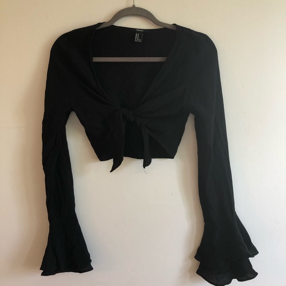 Forever 21 Tops - Tie-front black crop top, bell sleeves
